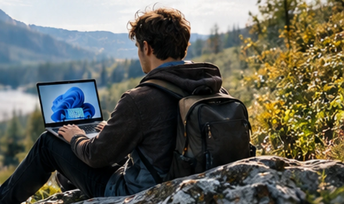 Generated outdoor laptop work scene